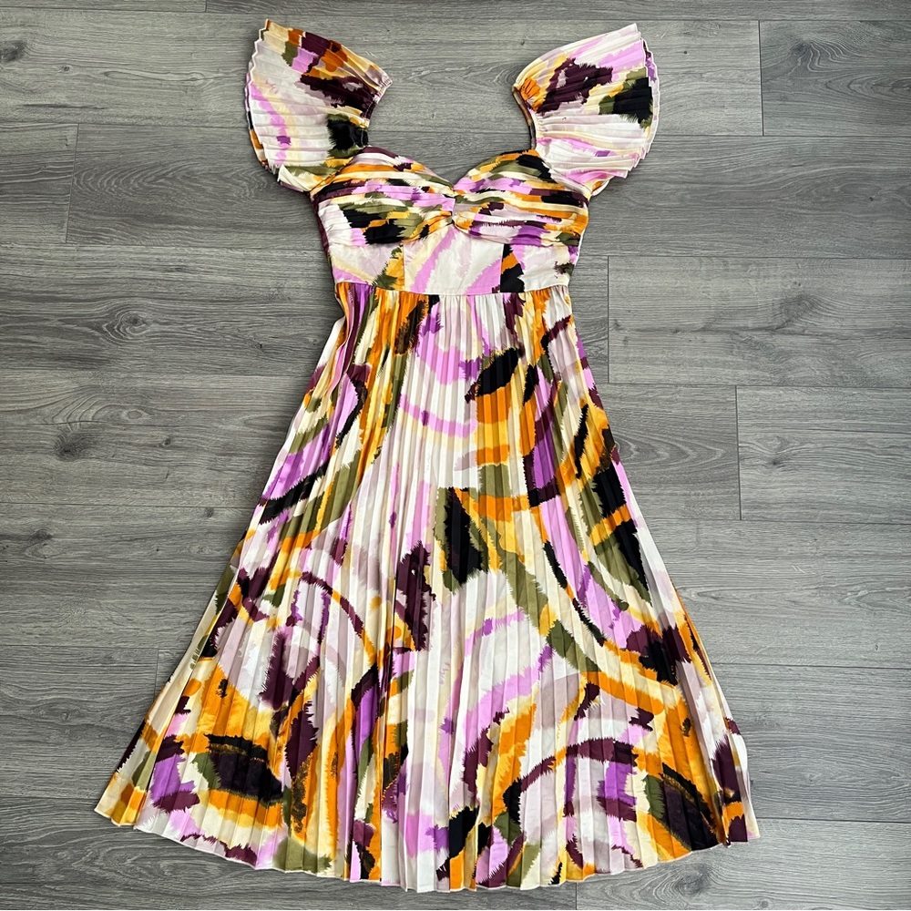 Lulu's White Multi-Color Pleated Midi Dress